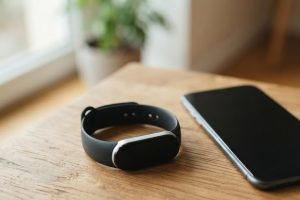 Фитнес-браслет рядом со смартфоном на рабочем столе