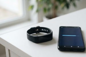 Фитнес-браслет рядом со смартфоном во время обновления прошивки
