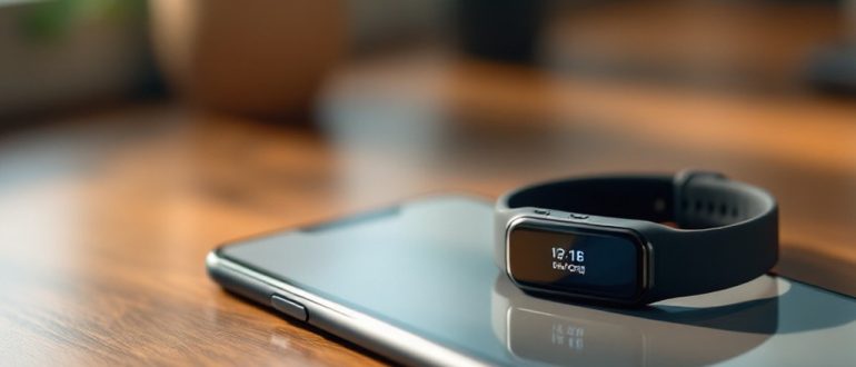 Фитнес-браслет рядом со смартфоном во время подключения