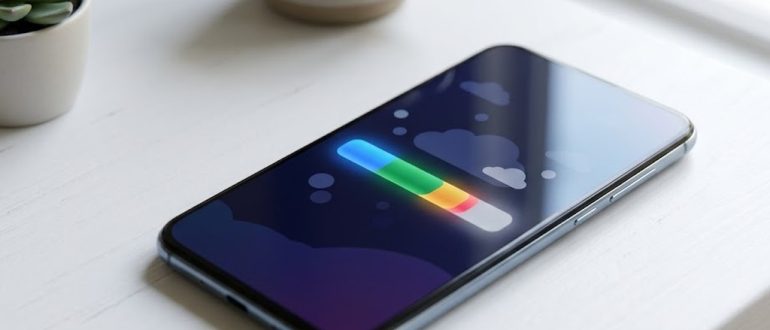 Смартфон с экраном, показывающим заполненность облачного хранилища