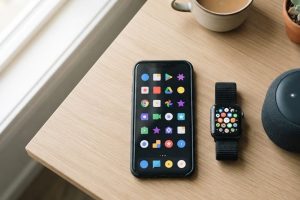 Смартфон, умные часы и колонка на деревянном столе