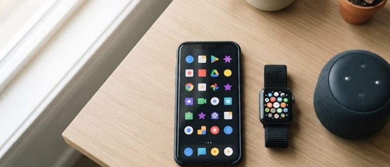 Смартфон, умные часы и колонка на деревянном столе