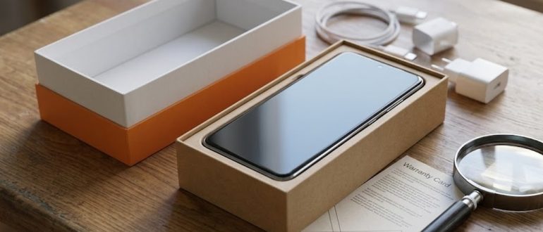 Смартфон, упаковка и комплектация на столе для проверки подлинности